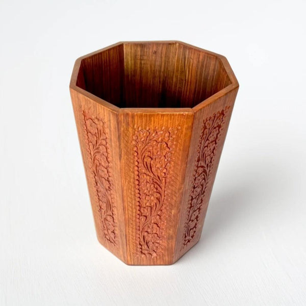 Carved Wooden Dustbin - wcspk