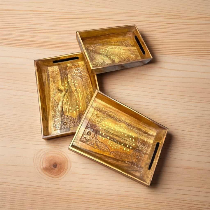 Wooden Tray Set – Brass & Carved - wcspk