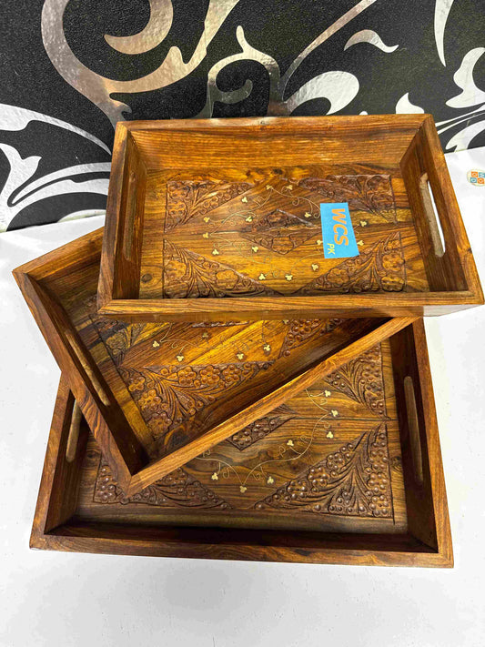 Wooden brass tray set of 3