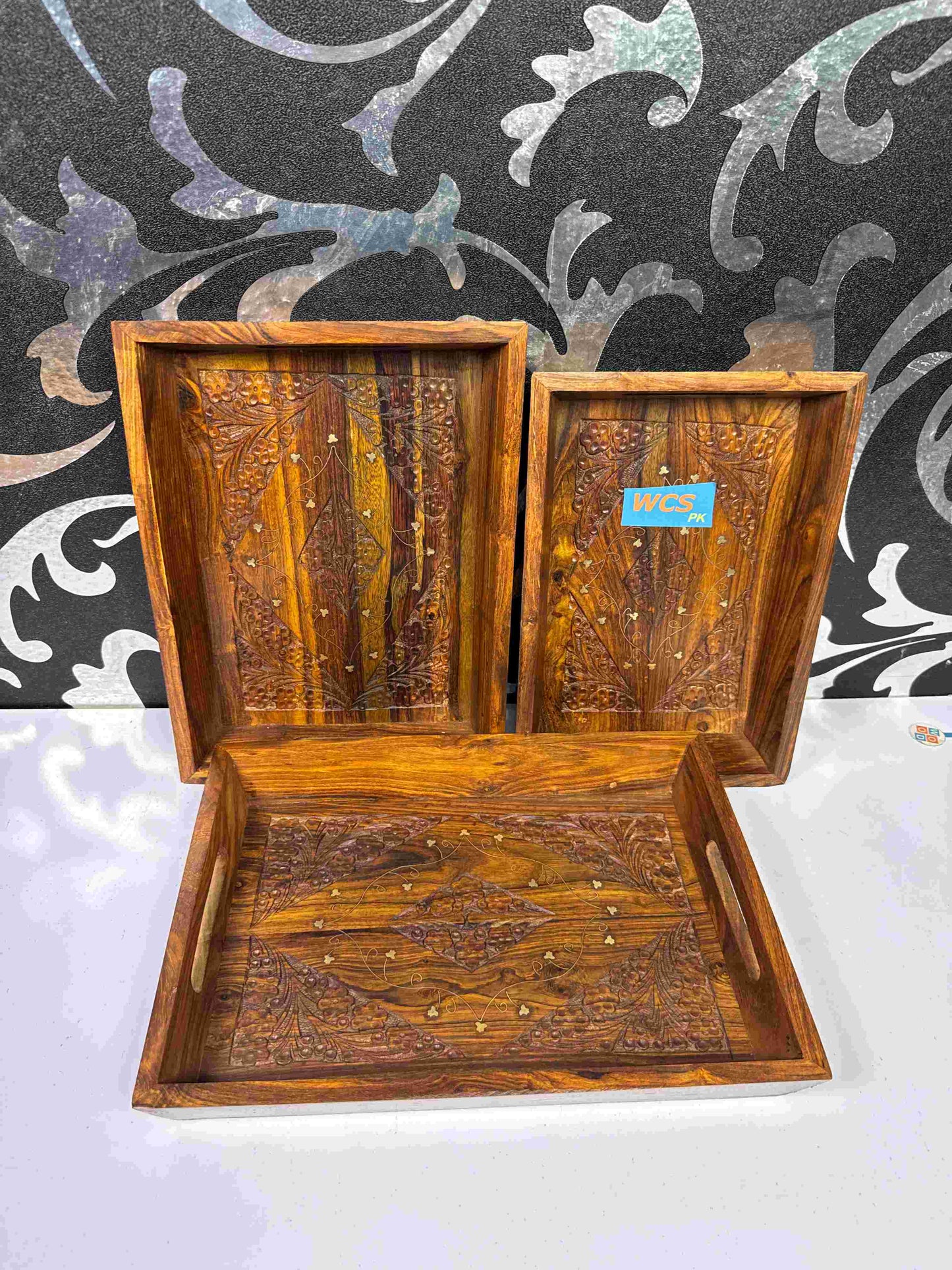 Wooden brass tray set of 3