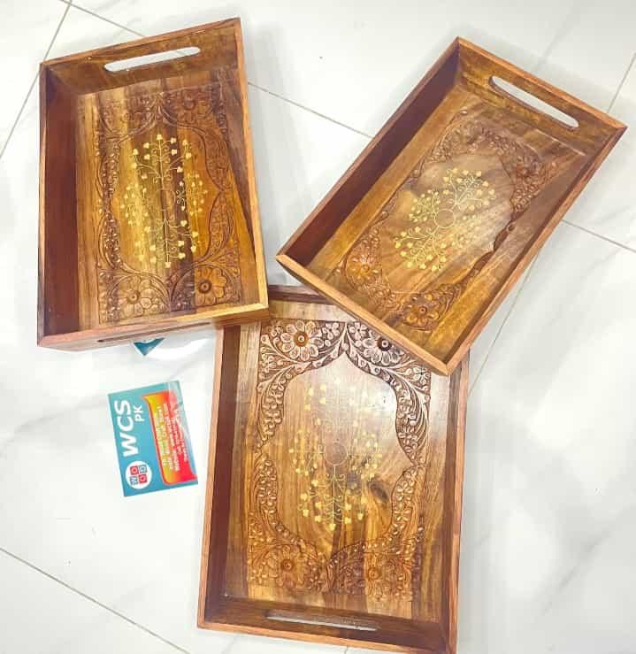 Wooden Tray Set – Brass & Carved - wcspk