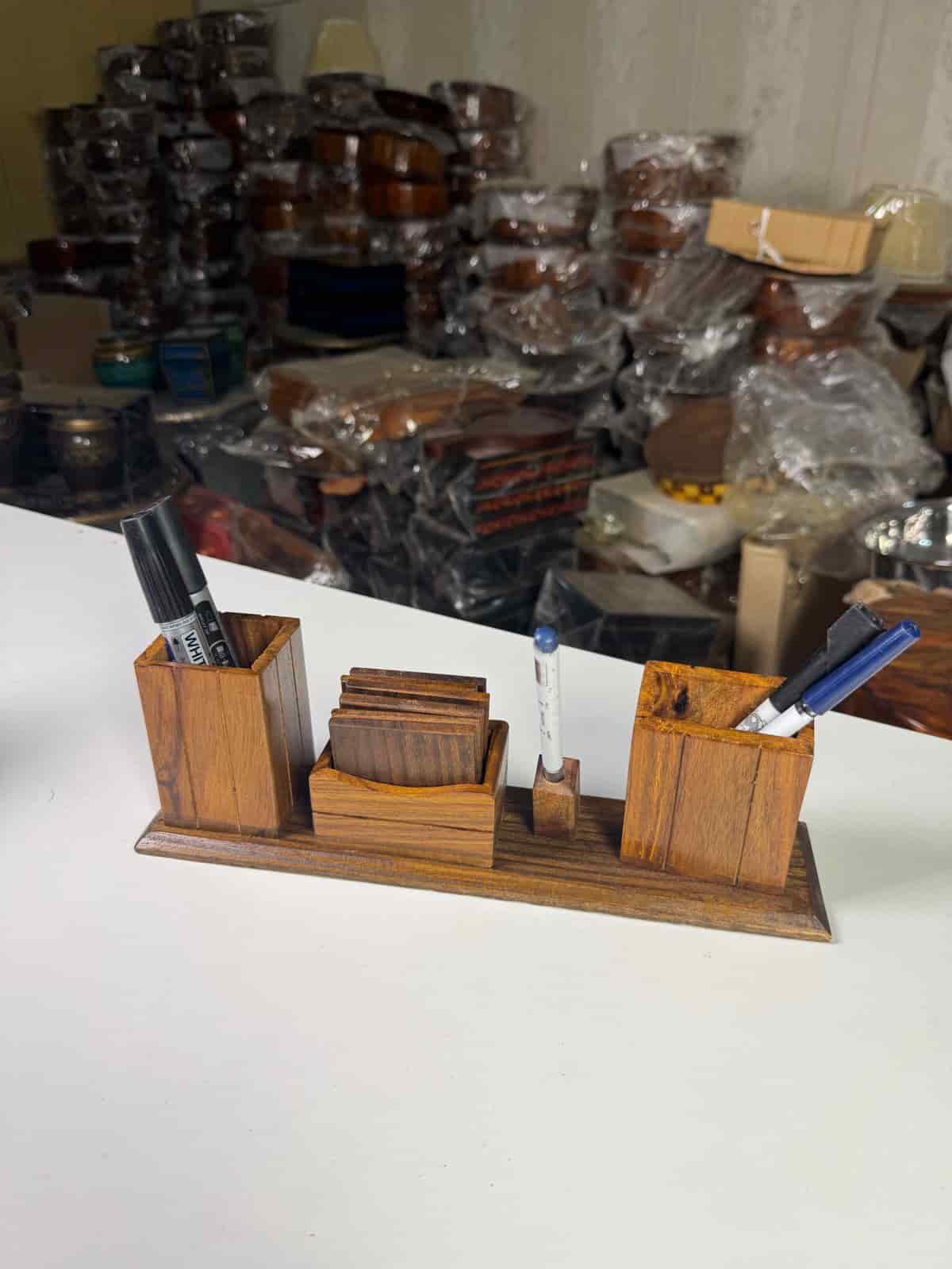 Natural wooden pen stand with multiple compartments for desk organization